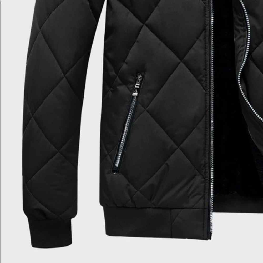 Black Mens padded quilted zip up bomber jacket - Picture 5 of 9